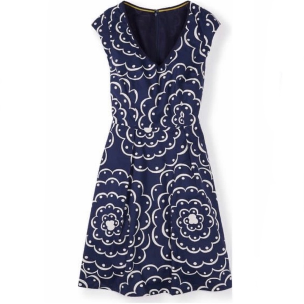 Boden 6R dress cotton navy white floral A-line cap sleeve Easter
